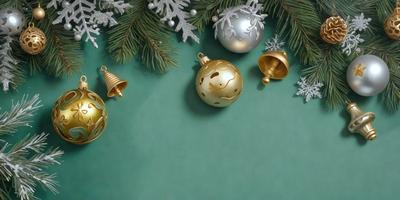 The primary subject of the image is a group of Christmas ornaments, including gold and white balls, placed on a green background. The setting appears to be a festive and holiday-themed environment. The visual style of the image is a combination of photo and digital art, creating a realistic yet artistic representation of the ornaments. The colors and mood of the image are predominantly green and festive, with the gold and white ornaments adding a touch of elegance and warmth to the scene.